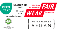 Fair Wear, Oeko-Tex, PETA approved vegan, GOTS